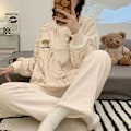 Miniatyrbilde 4 av 5: Høst Ny Varmt Rundhals Langærmet 2-delt Antrekksett Kvinner Pluss Hjemmeklessett For Kvinner Søt Trykt Pyjamas For Jente Jente S Beige Beige L