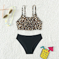 Miniatyrbillede 1 af 5: Badedragt til piger i alderen 5-14 år - Leopard bikini sæt, delt todelt sommerbadedragt til piger, sort black 11-12