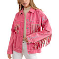 Miniatyrbild 1 av 5: Kvinnors Rhinestone Fringe Denim Jacka Långärmad Casual Tassel Jean Jacka Rock Röd Red Small