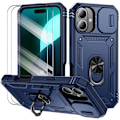 Miniatyrbillede 1 af 4: Etui + 2 stk hærdet glas til iPhone 16 - Stødsikkert rigid med støtte ring og linsebeskyttelse - Marineblå