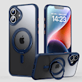 Pikkukuva 1 / 5: Magneettinen iPhone 16 tai 16 Plus -kotelo [MagSafe-yhteensopiva], Läpinäkyvä ohut takakotelo 360° kiertävällä renkaalla, Sininen Grey iphone16