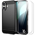 Miniatyrbillede 1 af 4: Etui + 2 stk hærdet glas til iPhone 16, silikonecover Sort stållinjemønster Black