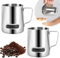 2-pak mælkeskummekander i rustfrit stål, 600 ml med indbyggede termometre, til latte art, til hjemmet og caféer, sølv