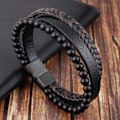 Miniatyrbillede 5 af 5: Natursten Vulkansten Læderarmbånd Rustfrit Stål Flettet Læder Multilag Armbånd Herre Titanstål Smykker