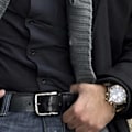 Miniatyrbillede 5 af 5: Læderbælte til mænd, dobbeltsyede læderforet bælte til jeans, jakkesæt, arbejde (sort)