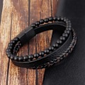Miniatyrbild 4 av 5: Natursten Vulkansten Läderarmband Rostfritt Stål Flätad Läder Multilager Armband Herr Titanstål Smycken