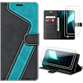 Miniatyrbillede 1 af 4: Etui + 2 stk hærdet glas til iPhone 16, kunstlæder folio-etui med støtte - Blå Transparent