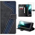 Miniatyrbillede 1 af 4: Etui + 2 hærdet glas til iPhone 16, PU-læder mønstret foldbar taske - Sort Blue iphone16