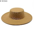 Miniatyrbilde 4 av 5: Fransk Damehatt Stor Bred Skygge 10cm Fedora Hatt Vinter Ull Derby Bryllup Jazzhatter Flat Topp Filt Hatt LGL Black01 56-58CM