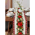 Miniatyrbilde 4 av 5: Rød julebordløper i bondestil, skjerf, spisebordsløper med snøfnugg og julestjerne, 33 x 183 cm (LGL)