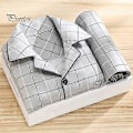 Miniatyrbillede 4 af 5: 2 stk./sæt Herre Pyjamas Sæt Plaid Print Revers Langærmet Enkeltknappet Skjorte Elastisk Talje Lange Bukser Sæt Løs Pasform Loungewear Suit LGL dark blue XL