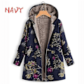 Miniatyrbillede 1 af 5: Afslappet Dame Varm Lomme Hættetrøje Langærmet Lynlås Vintage Frakker Blomster Fleece Jakke LGL navy blue 4XL