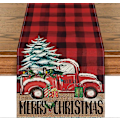 Miniatyrbillede 1 af 5: Rød og Sort Buffalo Plaid Glædelig Jul Juletræs Bordløber, Sæsonbestemte Lastbilgaver 13x72 Tommer-Rød / Sort (LGL)