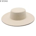 Miniatyrbilde 3 av 5: Fransk Damehatt Stor Bred Skygge 10cm Fedora Hatt Vinter Ull Derby Bryllup Jazzhatter Flat Topp Filt Hatt LGL Beige01 56-58CM