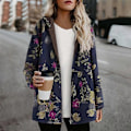 Miniatyrbillede 4 af 5: Afslappet Dame Varm Lomme Hættetrøje Langærmet Lynlås Vintage Frakker Blomster Fleece Jakke LGL navy blue XL