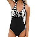 Miniatyrbild 5 av 5: En-delad baddräkt för kvinnor, sexig hög skärning, halter, hål på sidan, monokini, rygglös jumpsuit, badkläder, svart och vit, XXL