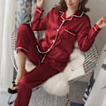 Miniatyrbillede 4 af 5: Kvinder Satin Silke Look Nattøj Pyjamas Langærmet Nattøj Sæt Red M