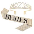 Miniatyrbillede 2 af 2: Kvinder Glitrende Rhinestone Brev Print Sash Tiara Sæt Fødselsdag Golden 21 Years Old