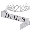 Miniatyrbild 1 av 2: Kvinnor glittrande Rhinestone Brev Print Sash Tiara Set födelsedag Silver 21 år gammal