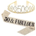 Miniatyrbild 1 av 2: Kvinnor glittrande Rhinestone Brev Print Sash Tiara Set födelsedag Golden 50 Years Old