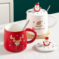 Miniatyrbilde 1 av 5: Julmugg, hög, älg, tryckt tecknad vattenflaska med lock och sked, ny färgglad festival hushålls keramik kaffekopp Red
