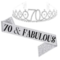 Miniatyrbilde 1 av 2: Kvinner glitrende Rhinestone Brev Trykk Sash Tiara Sett bursdag Silver 70 år gammal