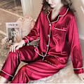 Miniatyrbillede 1 af 5: Kvinder Satin Silke Look Nattøj Pyjamas Langærmet Nattøj Sæt Red M