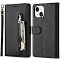 Miniatyrbillede 1 af 6: SKALO iPhone 15 Plus Flip Cover m. pung i PU-læder med lynlås - Sort Black