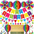 Miniatyrbilde 1 av 7: Premium gjenbrukbare bursdagsfestdekorasjoner - Bursdagdekorasjonssett - Festutstyr - Gratulerer med dagen-banner, bursdagsvimpler, Honeycomb Multicoloured