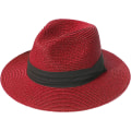 Miniatyrbilde 1 av 4: Dame Halm Panama Hat Fedora Strand Solhatt Bred Bremskjerm Halm Rull opp Hat UPF 50+ Straw Panama Red One Size