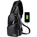 Miniatyrbillede 2 af 7: Læder Sling Crossbody Taske Rejsetaske til Mænd Kvinder Lille Skuldertaske Brysttasker med USB-opladningsport Udendørs Vandring Camping Dagsture #21black(pu/Usb)