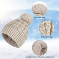Miniatyrbilde 4 av 7: Hettelue for kvinner vinterhettelue termisk fleecefôret lue damer strikkede ullhatter med falsk pels pom pom BEIgE One size