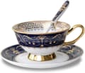 YBK Tech Euro Style Benporslinskopp & Fatbricka Set, Keramisk Te- & Kaffeekopp för Hemkök Bröllop (Kungligt Mönster - Djup Blå) Royal Pattern Deep Blue
