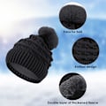 Miniatyrbilde 4 av 7: Hettelue for kvinner vinterhetteluer termisk fleecefôret lue damer strikkede ullhatter med falsk pels pompom Black One size
