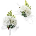Miniatyrbilde 1 av 8: 2-pakning bryllupshåndleddsblomst og knapphullsblomstsett, kunstige bryllupsknapphullsblomster for menn og håndleddsroser for kvinner, hvit knapphullsblomst White, Green