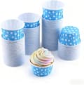 100 disposable mini muffin cups, ideal for cupcakes, muffins and brownies, blue polka dot pattern