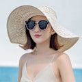 Miniatyrbilde 3 av 7: Kvinner Foldbar Floppy Bredbremmet Halm Solhatt Sommer Strandhatt UV UPF 50+ 02Style Bowknot Beige