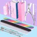 Miniatyrbild 2 av 7: Nagelfilset - 3 st dubbelsidig nagelfil, rektangulär nagelbuffer, bufferblocksvamp polerad, nagelborste, kommer med nagelbandstång och tryck Pink