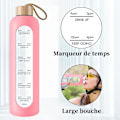 Miniatyrbild 2 av 7: Glasvattenflaska med bambulock - 1000 ml sportdryckesflaska med tidsmarkör, återanvändbar krossäker silikonfodralflaska för fitness gym utomhus Pink