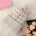 Miniatyrbillede 7 af 7: Hætte til kvinder vinterhætte termisk fleeceforet hat damer strikkede uldhætter med kunstig pels pom pom BEIgE One size