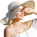 Miniatyrbilde 2 av 7: Kvinner Foldbar Floppy Bredbremmet Halm Solhatt Sommer Strandhatt UV UPF 50+ 02Style Bowknot Beige