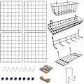 Miniatyrbillede 1 af 7: 4 stk. vægmonteret gitterpanel med tilbehør | Inkluderer hængekurve, brevbakke, hylde og krogstativ | Komplet sæt | Gitteropslagstavle | Ha Black 4 Pack
