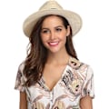 Miniatyrbilde 5 av 5: Sol Bredbremmet Halm Fedora Strandhatt Fin Flette UPF50+ for Både Kvinner og Menn-khaki