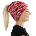 Miniatyrbild 3 av 5: 1 st Ponytail Messy Bun Tail Kvinnors Solid Ribbad Mössa Cap Tom Hat Stickad Ullmössa（röd）