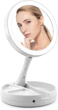 Double-sided illuminated makeup mirror, foldable, magnification from 1x to 10x, suitable for home or travel use.