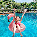 Miniatyrbild 5 av 5: Simring Pool Float, Flamingo-formad uppblåsbar pool Float med glitter, uppblåsbar fritidsflotte tub simring sommar barn poolleksaker