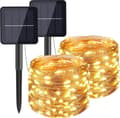 Two 100 LED 12-meter solar string lights, outdoor solar garden lights, warm white light.