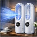 Bladelessa fläktar, 2-pack - Kraftfulla, tysta, bärbara - 6 hastigheter, 7-färgs LED, uppladdningsbara - Sovrum, kontor, resor - Vit