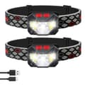 2-PACK Oppladbar hodelykt, lys bevegelsessensor hodelykt lommelykt, vanntett LED-hodelykt med hvitt rødt lys, 6 moduser hodelykter for