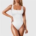 Miniatyrbild 1 av 6: Shapewear för kvinnor, magkontroll, stringbody, sömlös ribbad jumpsuit med fyrkantig hals, T-rygg, enfärgad sexig jumpsuit, vit White S